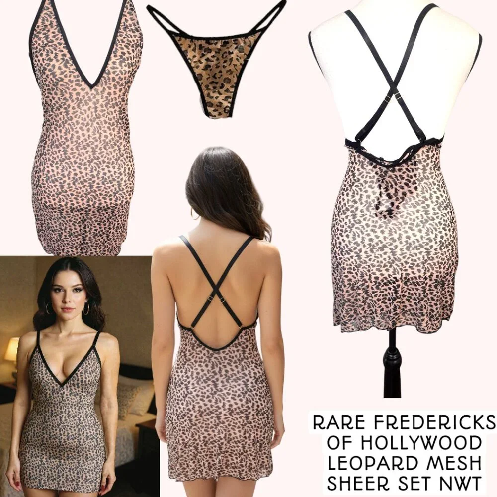 RARE HTF FREDERICK'S OF‎ HOLLYWOOD LEOPARD CHEETAH SHEER SET NWT